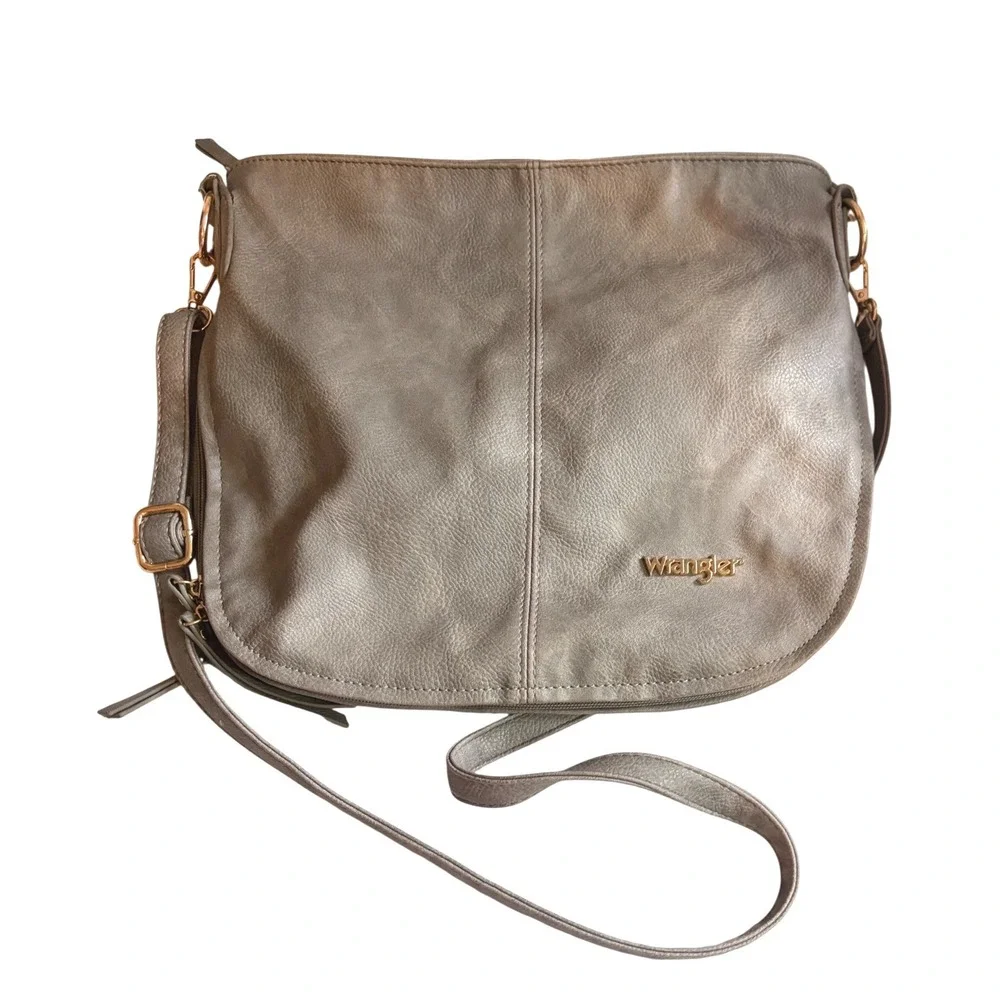 Wrangler Metallic Grey Faux Leather Crossbody Hobo Bag Gold Hardware Western